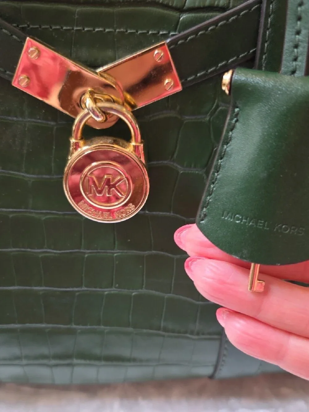 Michael Kors Nouveau Hamilton Dark Green Croc-Embossed Leather Satchel